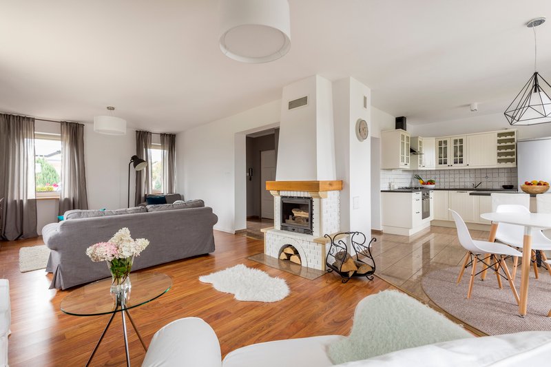 primer piso de una sala amplia con chimenea